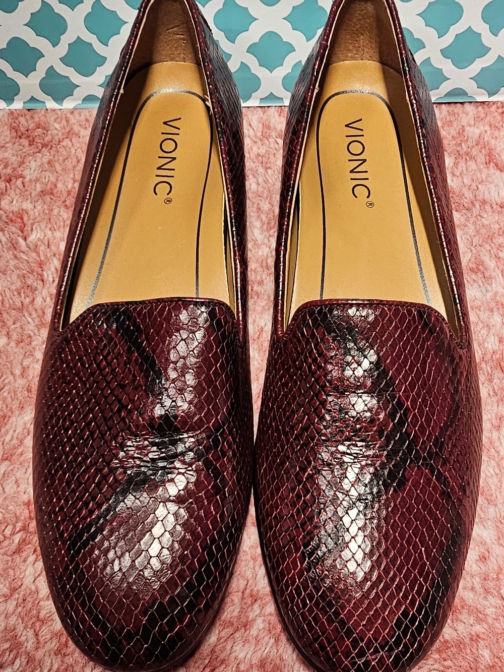 Vionic Women's Willa Boa Maroon and Black Leather Snake Print Slip-On Loafer